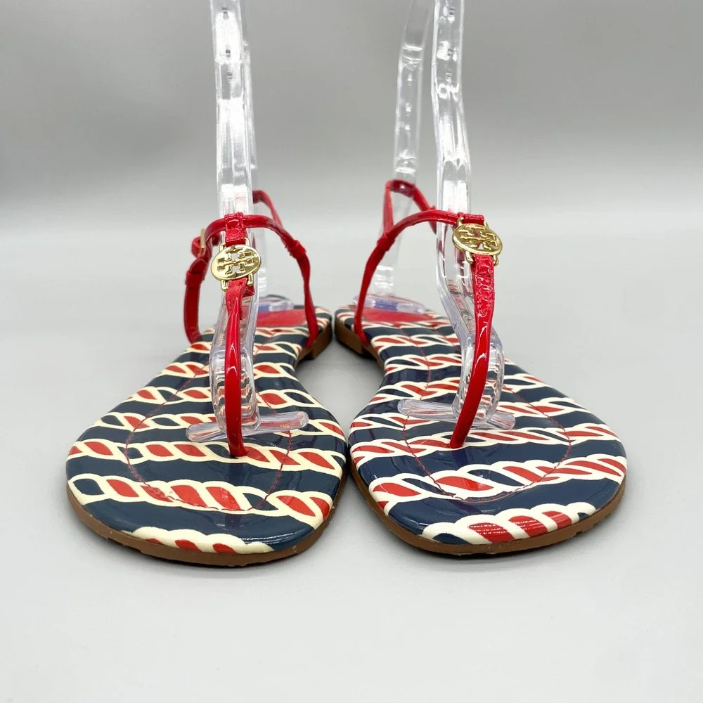 Tory Burch Womens 8.5 Emmy Red Navy Rope Patent Leather Thong Sandals Gold Logo